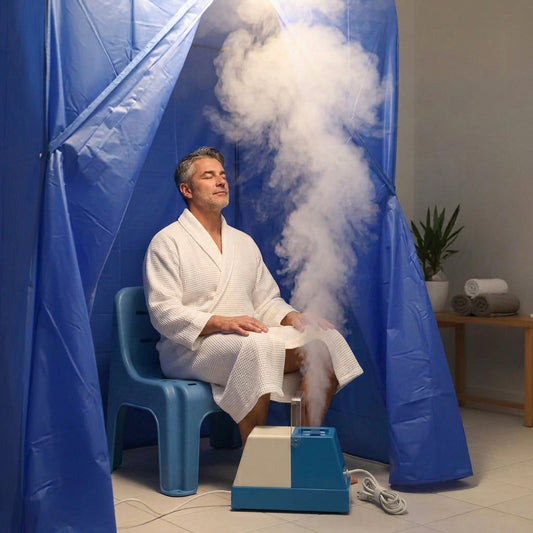 Baño turco portátil con cortina tipo cabina en uso con vapor