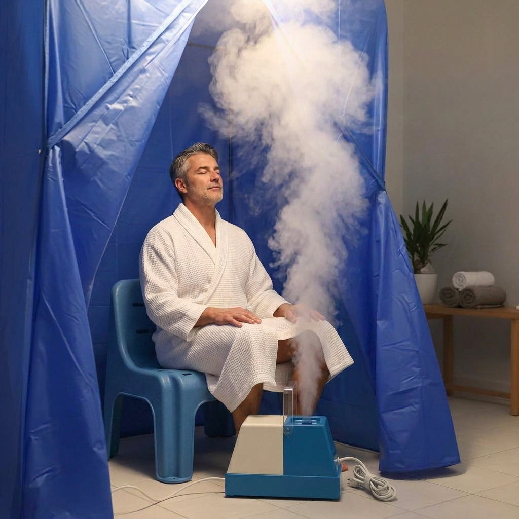 Baño turco portátil con cortina tipo cabina en uso con vapor