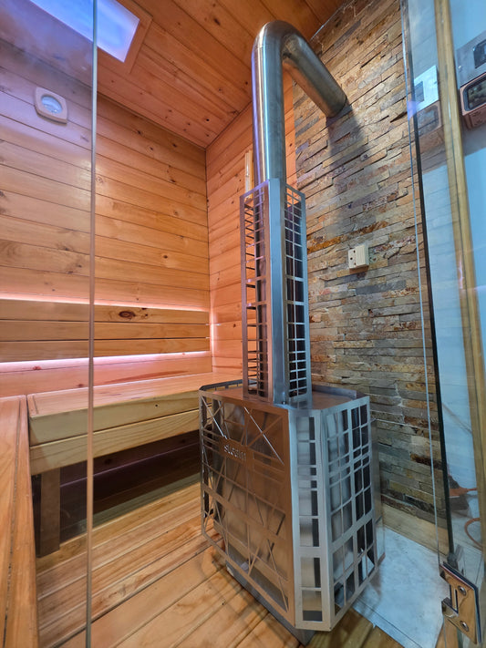 Generador de calor a gas PRO para sauna, torre en acero inoxidable con paneles cortados a láser