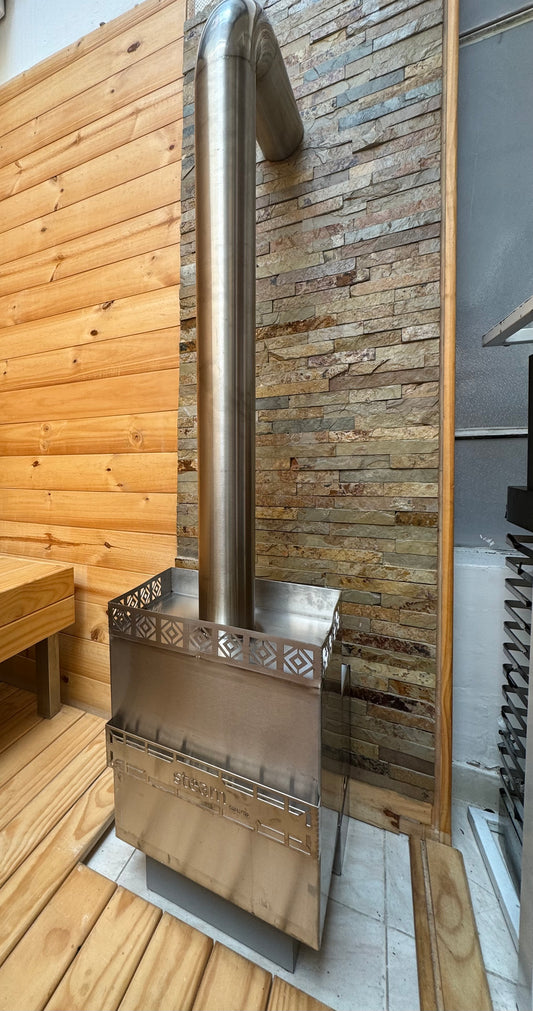 Generador de calor a gas para sauna en acero inoxidable con ducto de evacuación