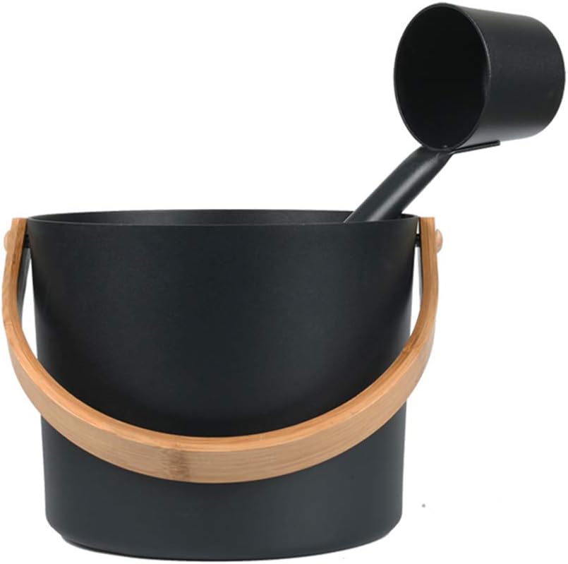 Olla de acero negro para sauna con cucharón y asa de bambú