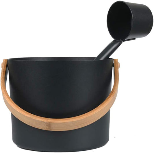 Olla de acero negro para sauna con cucharón y asa de bambú