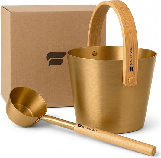 Olla para sauna en aluminio dorado con cucharón y mango de bambú