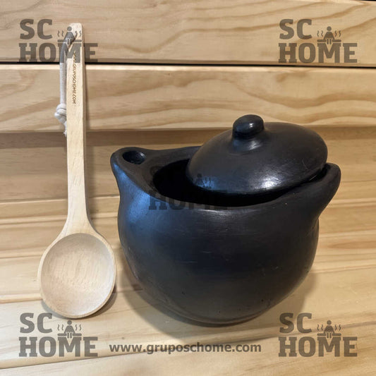 Olla de barro negro para sauna con cuchara de madera